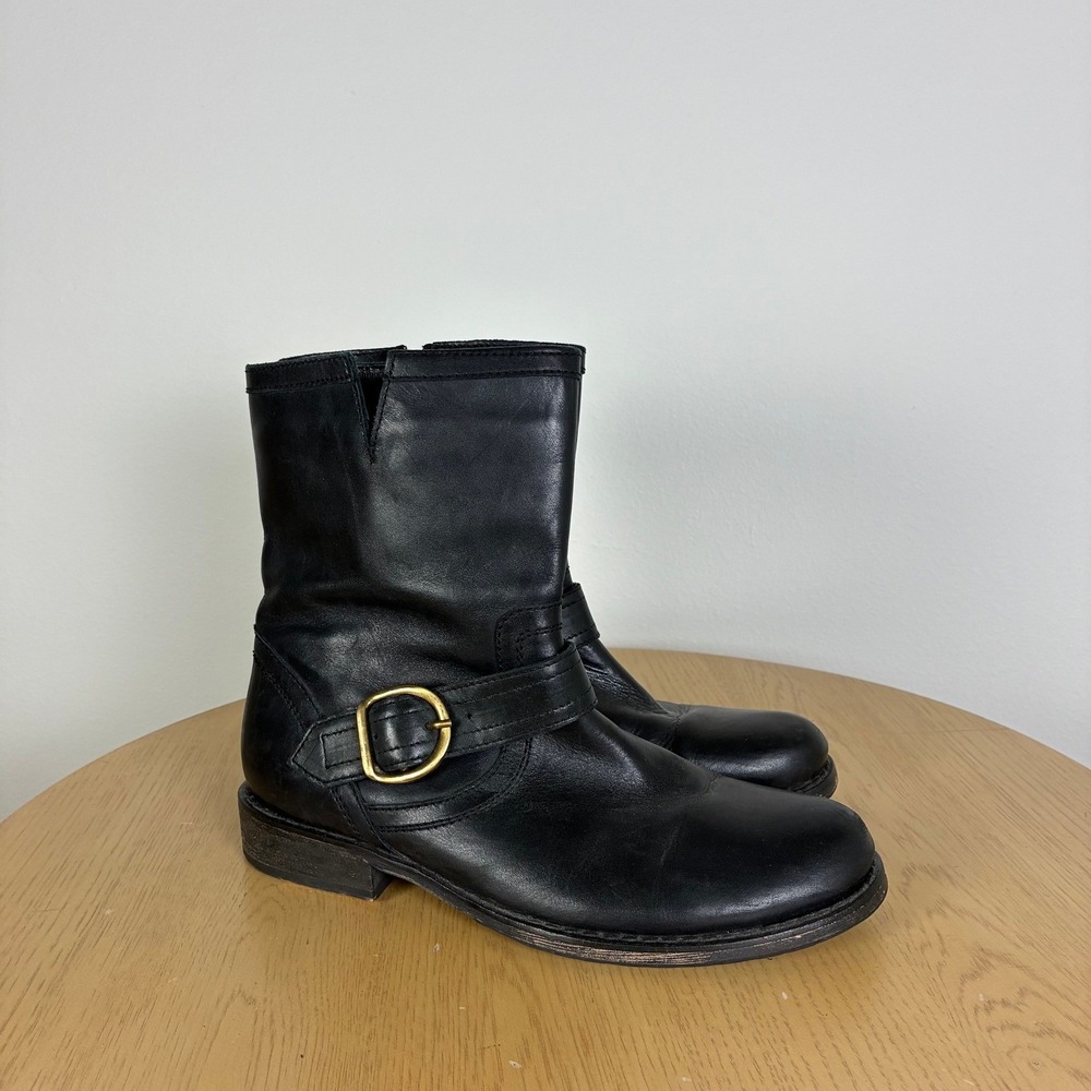 Eddie Bauer Leather Moto Biker Boots Women's 9 Side Zip Low Block Heel Buckle - Picture 3 of 9